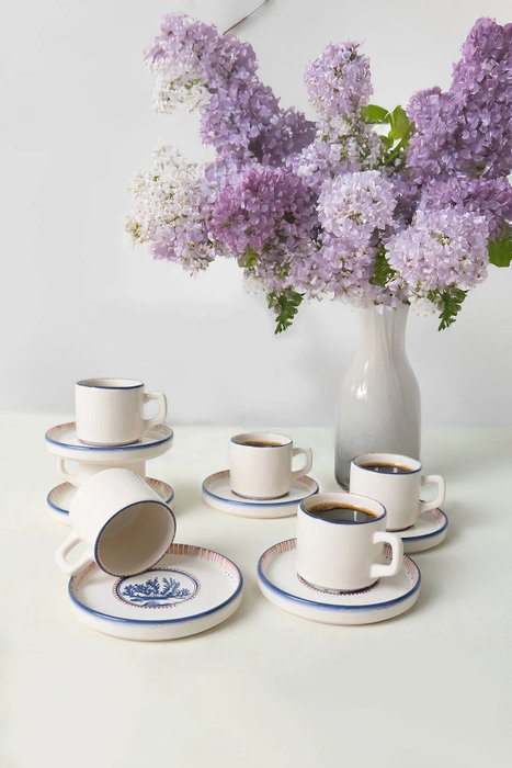 Hermia Juego de Tazas de Té y Platillos Blanco y Azul Marino (12 Piezas)